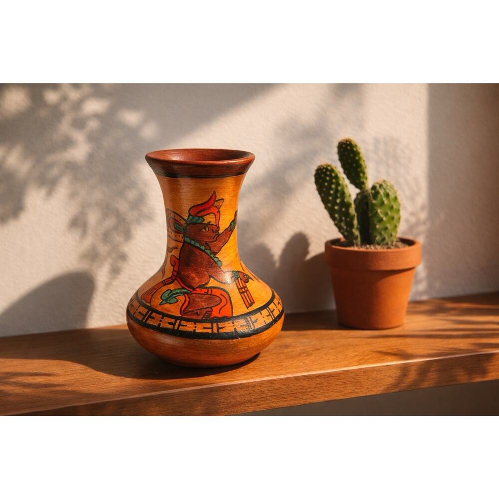 Vintage Hand Painted Mexican Folk Art Pottery Vase Figural Aztec Style